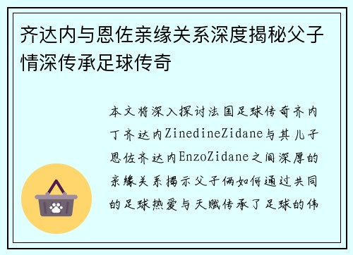 齐达内与恩佐亲缘关系深度揭秘父子情深传承足球传奇