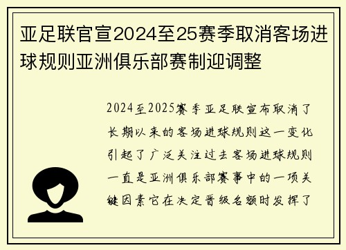 亚足联官宣2024至25赛季取消客场进球规则亚洲俱乐部赛制迎调整