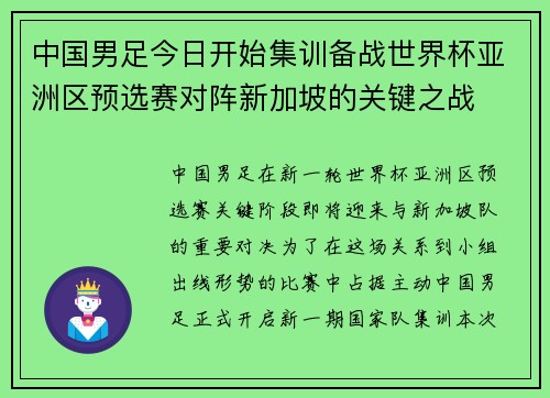 中国男足今日开始集训备战世界杯亚洲区预选赛对阵新加坡的关键之战 中国男足今日开始集训备战世界杯亚洲区预选赛对阵新加坡的关键之战